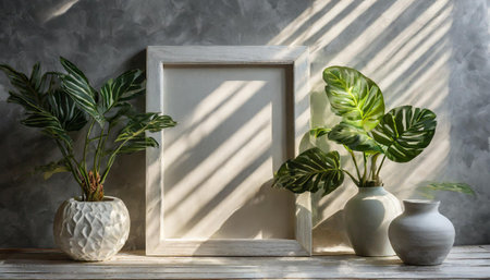 enhancing the mockup overlay in a horizontal, two vertical sheets of textured white paper against a soft gray table background. the natural light creates subtle shadows from an with leaves on tableの素材