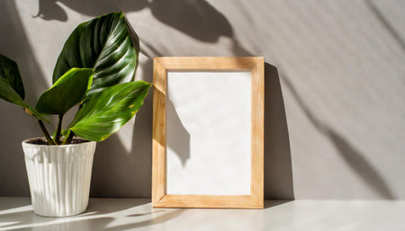 enhancing the mockup overlay in a horizontal, two vertical sheets of textured white paper against a soft gray table background. the natural light creates subtle shadows from an with leaves on tableの素材
