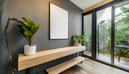 Mock up poster on gray wall background, composition retro chest of drawers, 3d render, 3d illustrationの素材