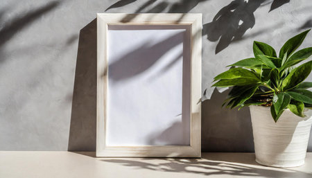 enhancing the mockup overlay in a horizontal, two vertical sheets of textured white paper against a soft gray table background. the natural light creates subtle shadows from an with leaves on tableの素材