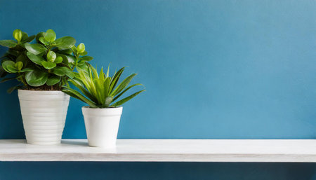 white shelf on blue wall with green potted plants mock upの素材
