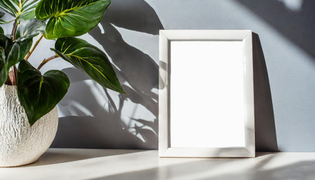 enhancing the mockup overlay in a horizontal, two vertical sheets of textured white paper against a soft gray table background. the natural light creates subtle shadows from an with leaves on tableの素材