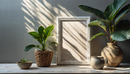 enhancing the mockup overlay in a horizontal, two vertical sheets of textured white paper against a soft gray table background. the natural light creates subtle shadows from an with leaves on tableの素材