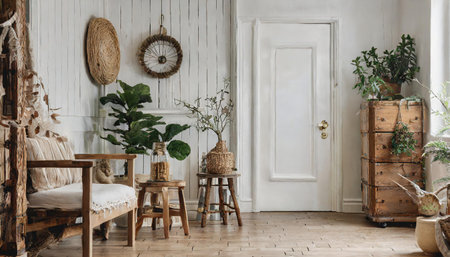 mock up wall in boho interior background, wooden living room design, Scandinavian style, 3d renderの素材