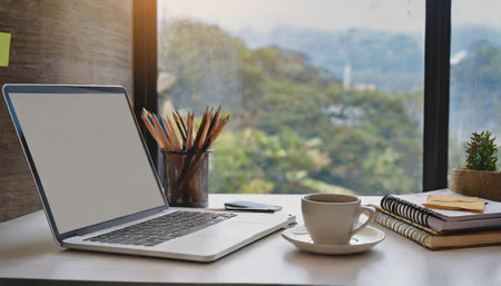Modern workplace with laptop computer, coffee cup and office suppliesの素材
