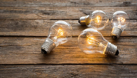 edison vintage light bulb right landscape view with barn wood backgroundの素材