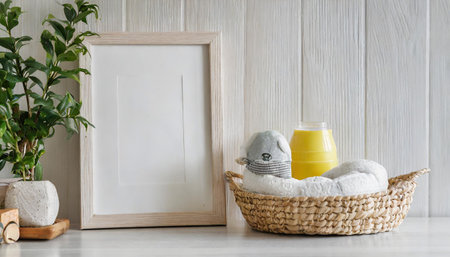 Mock up poster frame in children's room with natural wooden furniture on beige background, 3d renderの素材