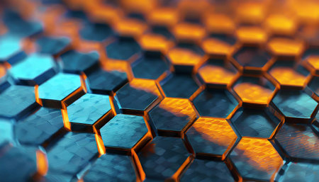 Blue and orange hexagons. Modern background. 3d illustration.の素材