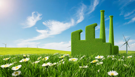Eco-friendly industry concept. 3d rendering of green factory icon on fresh spring meadow with blue sky in background.の素材