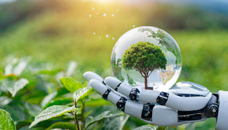Earth crystal glass globe ball and tree in robot hand saving the environment, save a clean planet, ecology concept. technology science of environmental concept for the development of sustainability.の素材