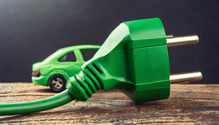 Green power plug lying on the floor and bent in a car shapeの素材
