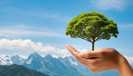 hand holding tree on nature field grass Forest conservation concept save the word.の素材