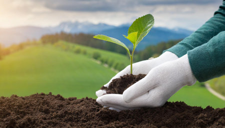 Human's hand planting single plant , plant's survival in the drought, Inspiring actions to save the world, eco-friendly concept, life in the arid landscape, hope for a greenerの素材