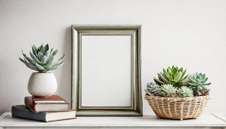 Home interior poster mock up with horizontal metal frame, succulents in basket and pile of books on white wall background photography:の素材