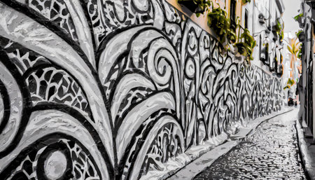 black-and-white pattern graffiti on the wall.の素材