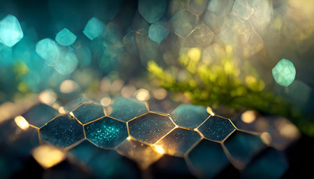 abstract futuristic luxurious digital geometric technology hexagon background banner illustration 3d - Glowing gold, brown, gray and black hexagonal 3d shape texture wallの素材