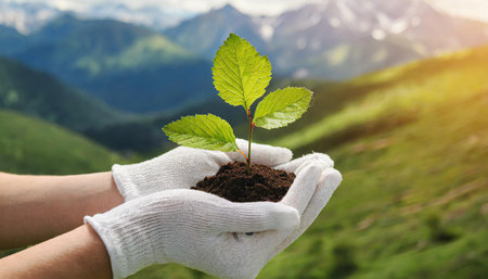 Plant in Hands. Ecology concept. Nature Backgroundの素材