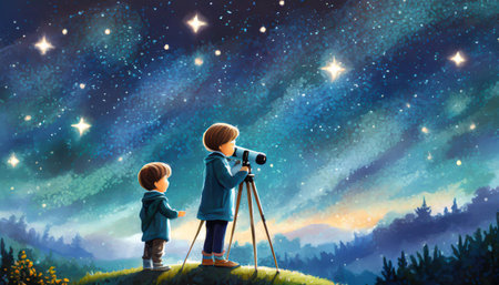 Night scene of two brothers outdoors, llittle boy looking through a telescope at stars in the sky, digital art style, illustration paintingの素材