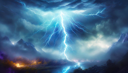 blue fantasy lightning on black backgroundの素材