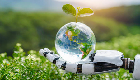Earth crystal glass globe ball and tree in robot hand saving the environment, save a clean planet, ecology concept. technology science of environmental concept for the development of sustainability.の素材