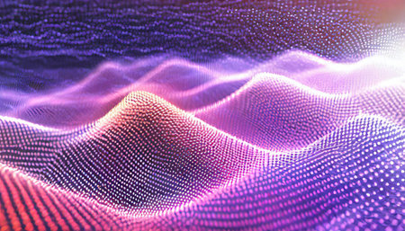 Technology digital wave background concept.Beautiful motion waving dots texture with glowing defocused particles. Cyber or technology background.の素材