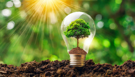 Bulbs with forest leaves and trees exposed to light. Smart environmental conservation and global warming conceptの素材