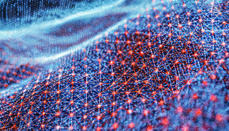 3D network structure, dense grid of points and connecting lines, data technology theme, glowing purple and cyan, digital matrix-like backgroundの素材