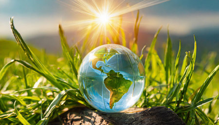 Glass Globe On Grass Moss In Forest - Green Planet With Abstract Defocused Bokeh Lights - Environmental Conservation Conceptの素材