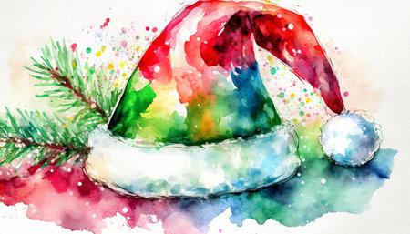 watercolor christmas hat illustration this image is perfect for christmas cards or invitations a winter holiday hat in watercolor art with red and green colorsの素材