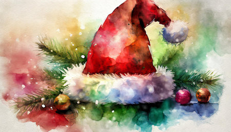 watercolor christmas hat illustration this image is perfect for christmas cards or invitations a winter holiday hat in watercolor art with red and green colorsの素材