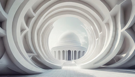 White background 3D room light abstract space technology tunnel stage floor. Empty white future 3D neon background studio futuristic corridor render modern interior silver road black wall design grayの素材