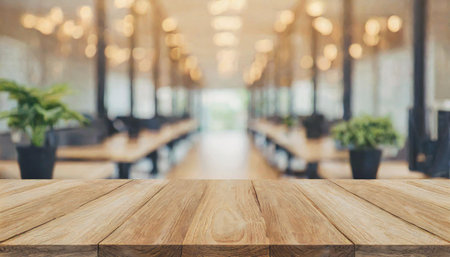 Wooden board empty table in front of blurred background. Perspective brown wood over blur in coffee shop - can be used for display or montage your products.Mock up for display of product.の素材