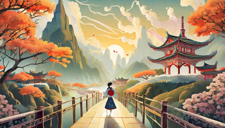 Chinese style fantasy scenes people walkingの素材