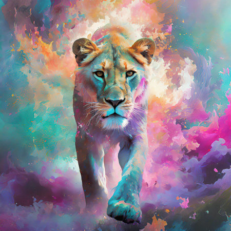 The lion, the king of the jungle, is walking on a hill while looking for prey in his territory. Abstract colorful backgroundの素材