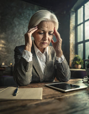 Sad unsatisfied senior woman at workplace depressed, mature business woman unhappy with achievement results at workplace unhappy sitting at table with boss thinking about problems.の素材