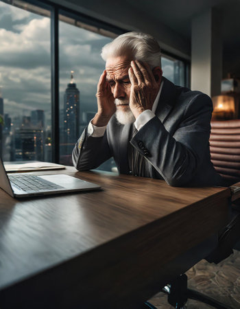 Worried puzzled old caucasian grey-haired businessman 70s male sad man sitting at table with paperwork problems with documents mistake finance budget checks data has conference video callの素材