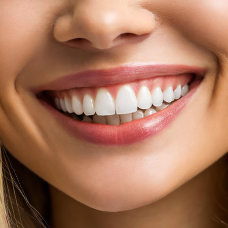 Close Up of Smiling Woman Mouth with Healthy, Beautiful, White Teeth. Dental Clinic Concept.の素材
