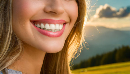 dental care concept for dentists and orthodontist - close up of a woman with a smile and perfect white teethの素材