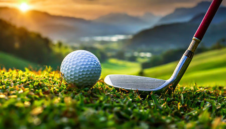 close up golf club and golf ball on green grass with sunrise backgroundの素材