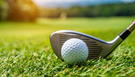 close up golf club and golf ball on green grass with sunrise backgroundの素材
