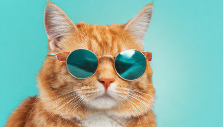 Closeup portrait of funny ginger cat wearing sunglasses isolated on light cyan. Copyspace.の素材