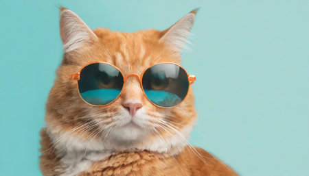 Closeup portrait of funny ginger cat wearing sunglasses isolated on light cyan. Copyspace.の素材