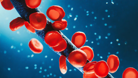 Close-up of red blood cells flowing in a blood vessel. Research concept.の素材