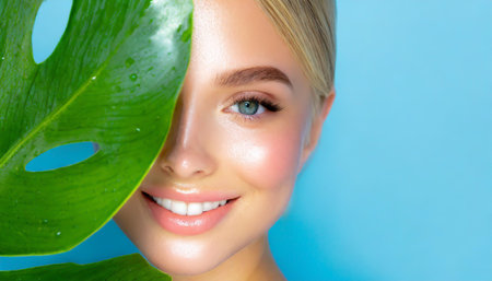 Beauty Spa Woman with a Fresh Leaf over Faceの素材