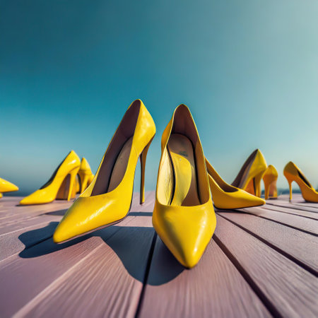 Multiple pairs of kitten, stiletto high heels of different colors. Woman classic dress shoes aligned on a floor.の素材