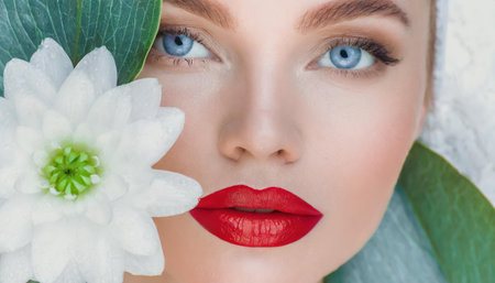 Skincare, mask for eyes and face of woman on blue background for wellness, cosmetics and facial treatment. Beauty, luxury spa and girl relax with eye pads for dermatology, healthy skin and self careの素材