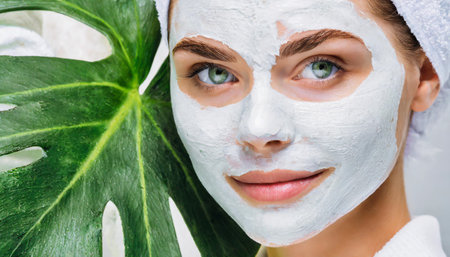 Skin care. Cheerful attractive caucasian female with clay mask on face and cucumber slices in hands against blue background getting beauty treatment. Spa concept with copy spaceの素材