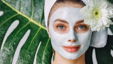 Skin care. Cheerful attractive caucasian female with clay mask on face and cucumber slices in hands against blue background getting beauty treatment. Spa concept with copy spaceの素材