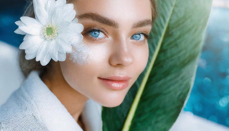 Portrait of beautiful woman with healthy glow perfect smooth skin holds tropical leaf, look into the hole of green paper. Young girl enjoys cream facial mask. Fashion, beauty, skincare concept.の素材
