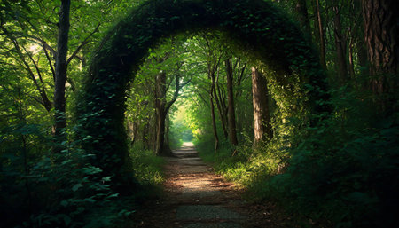 Round stone portal gate in the forest, an abandoned temple. Path made of stones in the forest, gateway in jungleの素材